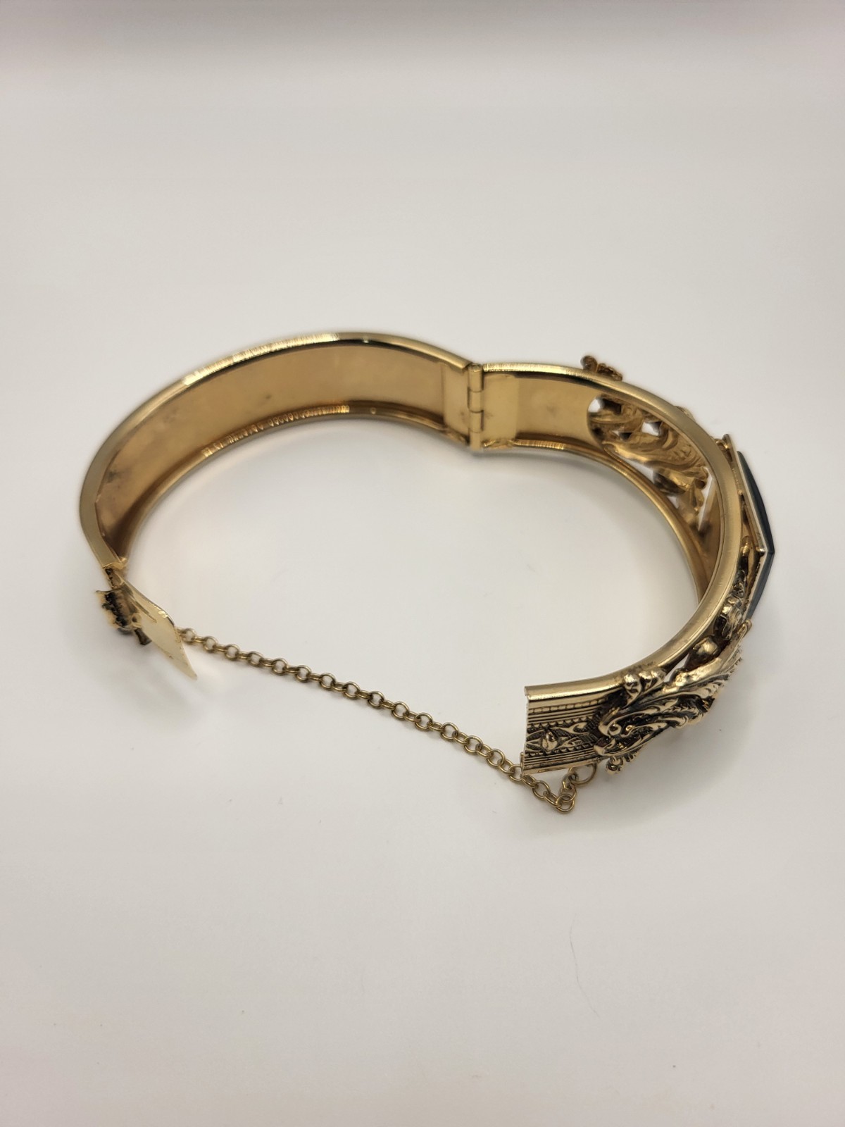 Ornate Hinged Cuff Bangle Bracelet Hematite Center Square Victorian Rev Goldtone