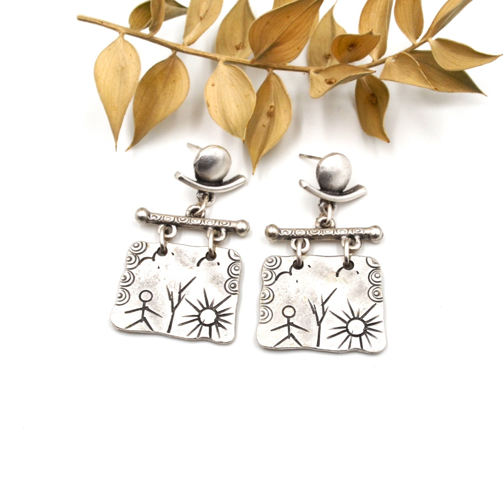 Lightweight Shamanic Silver Petroglyph Boho Dangle Stud Earrings Ancient