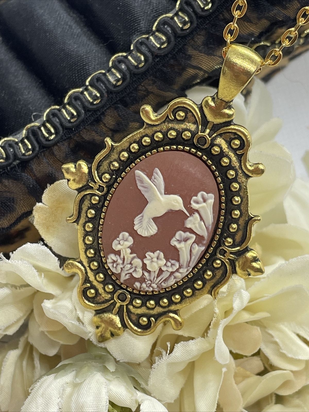 Anniversary Gold Cameo Hummingbird Easter Mother’s Day Birthday wedding Necklace