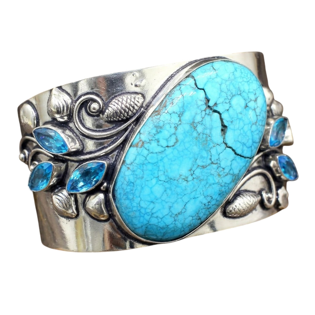 Natural Turquoise, Blue Topaz Cuff Bracelet 925 Sterling Silver Jewelry ADJ