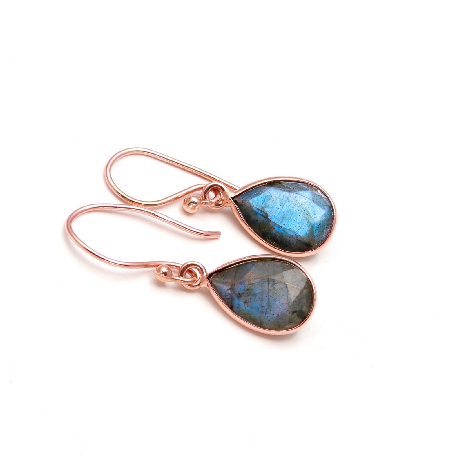 Natural Labradorite Pear Dangle Earrings Rose Gold Plated Solid Silver Jewelry