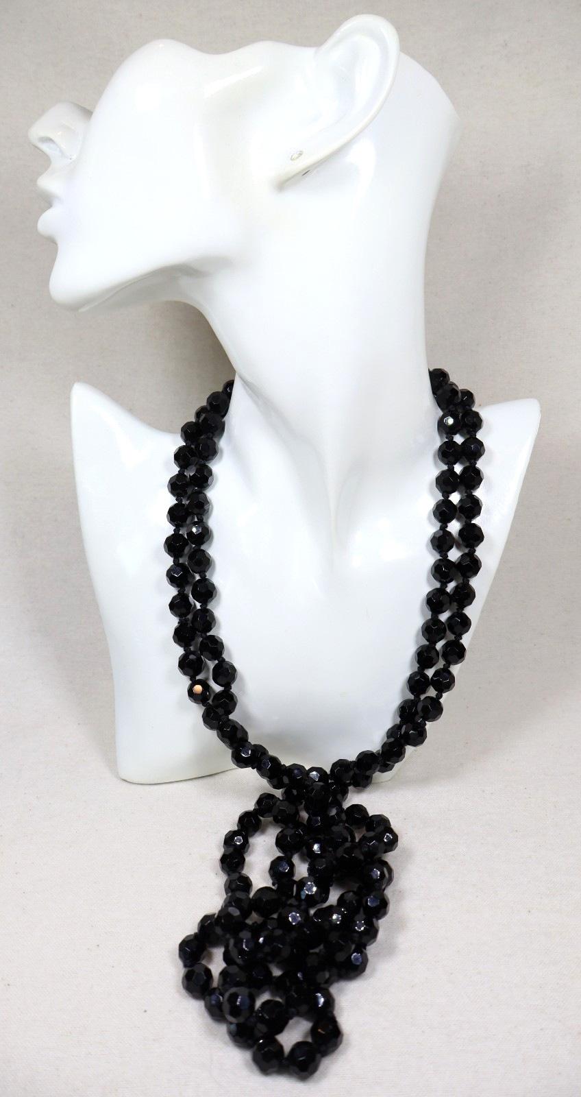 Vintage Art Deco French Jet Necklace 74″ Inch Length Faceted Black Beads