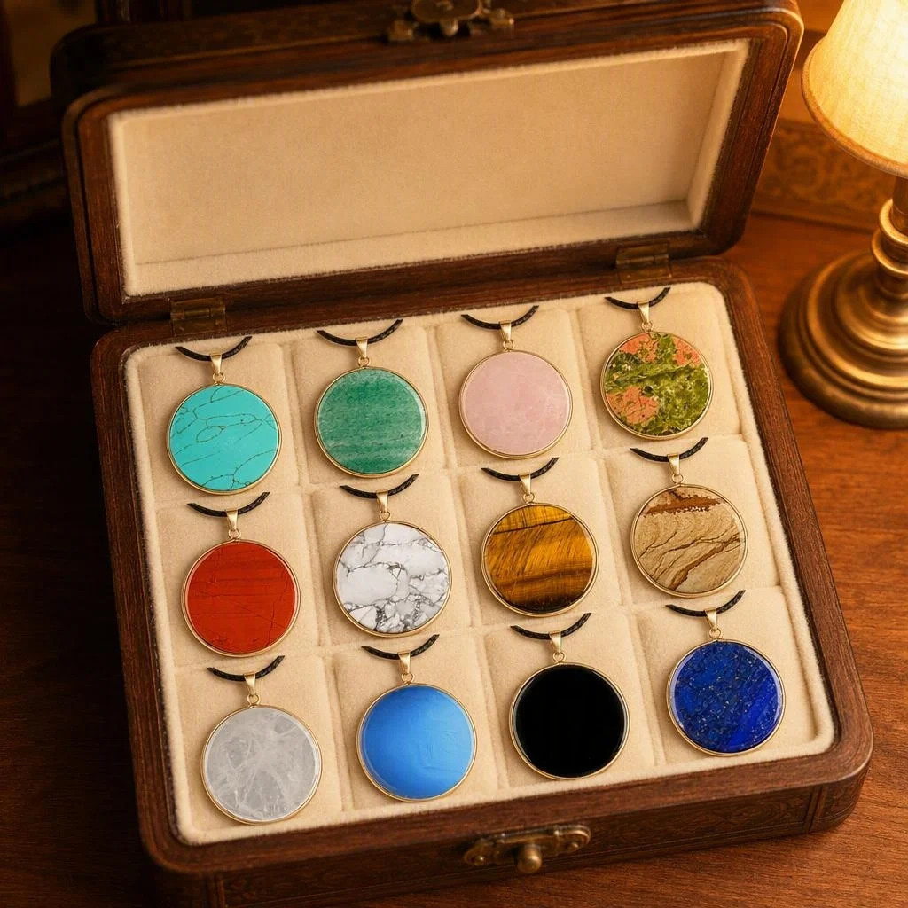 6PCS 30mm Round Natural Gemstone Pendant Necklace Gold Healing Crystal