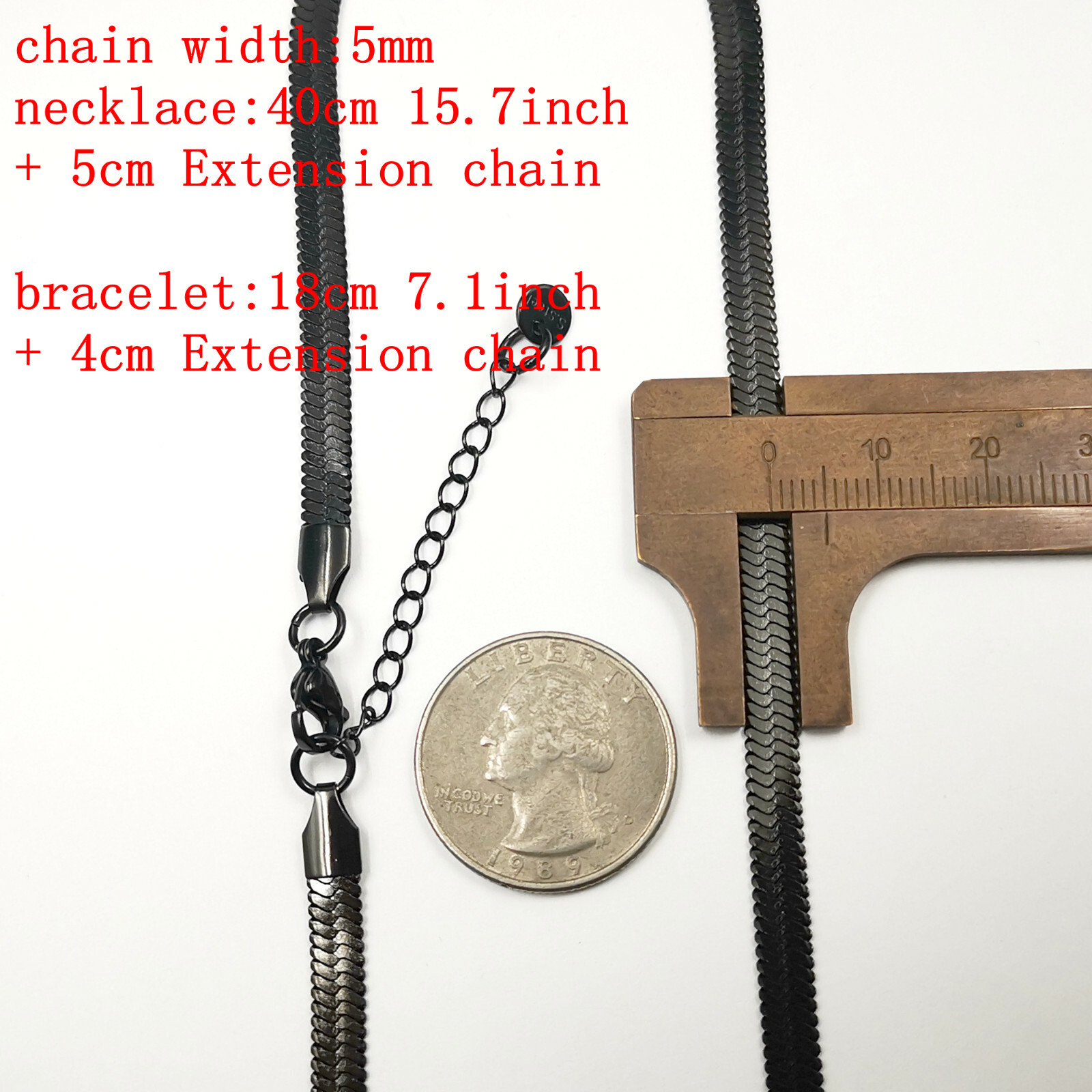 Blade chain 5mm Black Flat Snake Chain Choker 15.7inch Necklace 7.1in bracelet