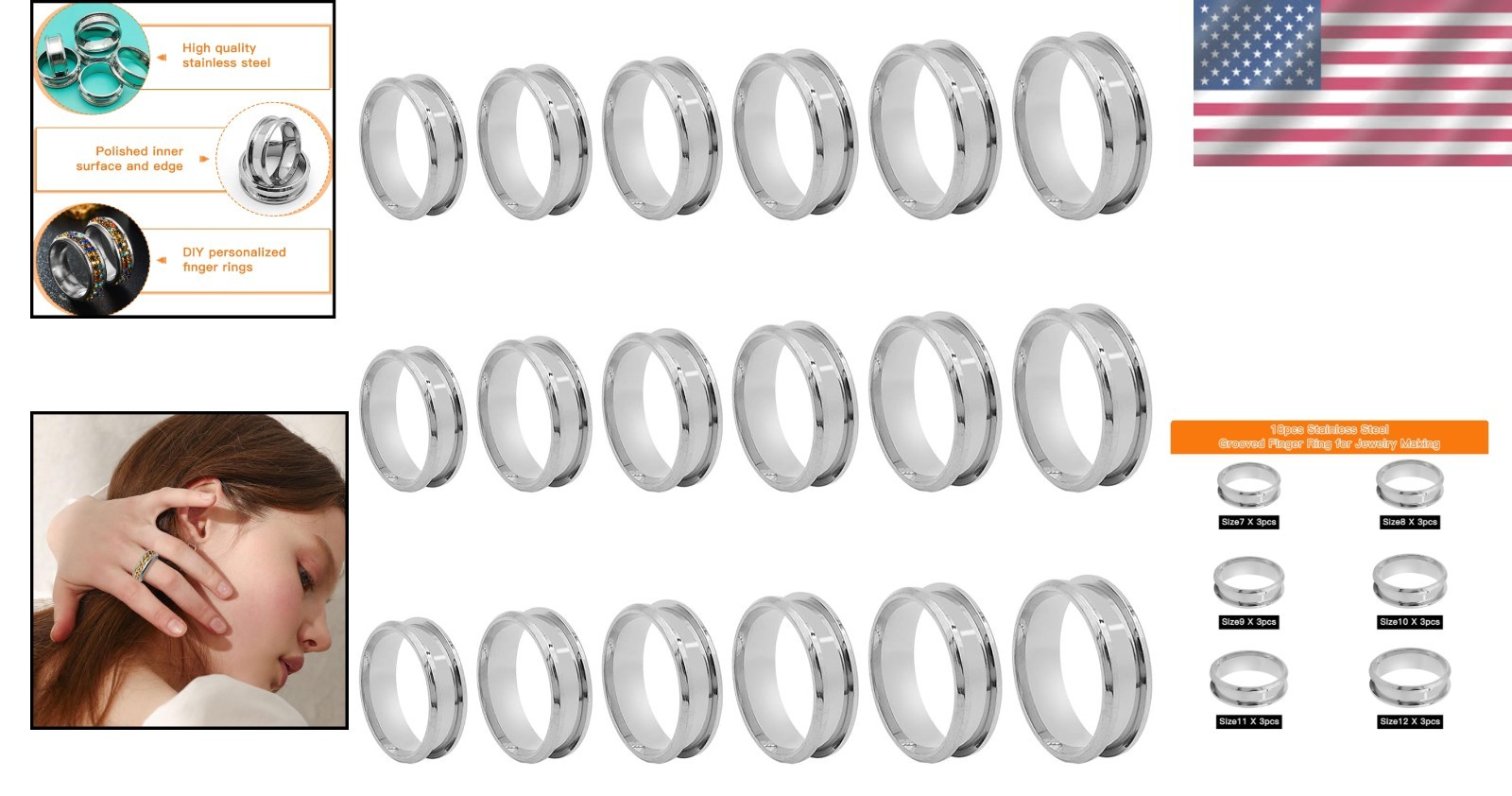 Stainless Steel Ring Blanks Grooved Inlay Rings for Jewelry Making DIY Crafts