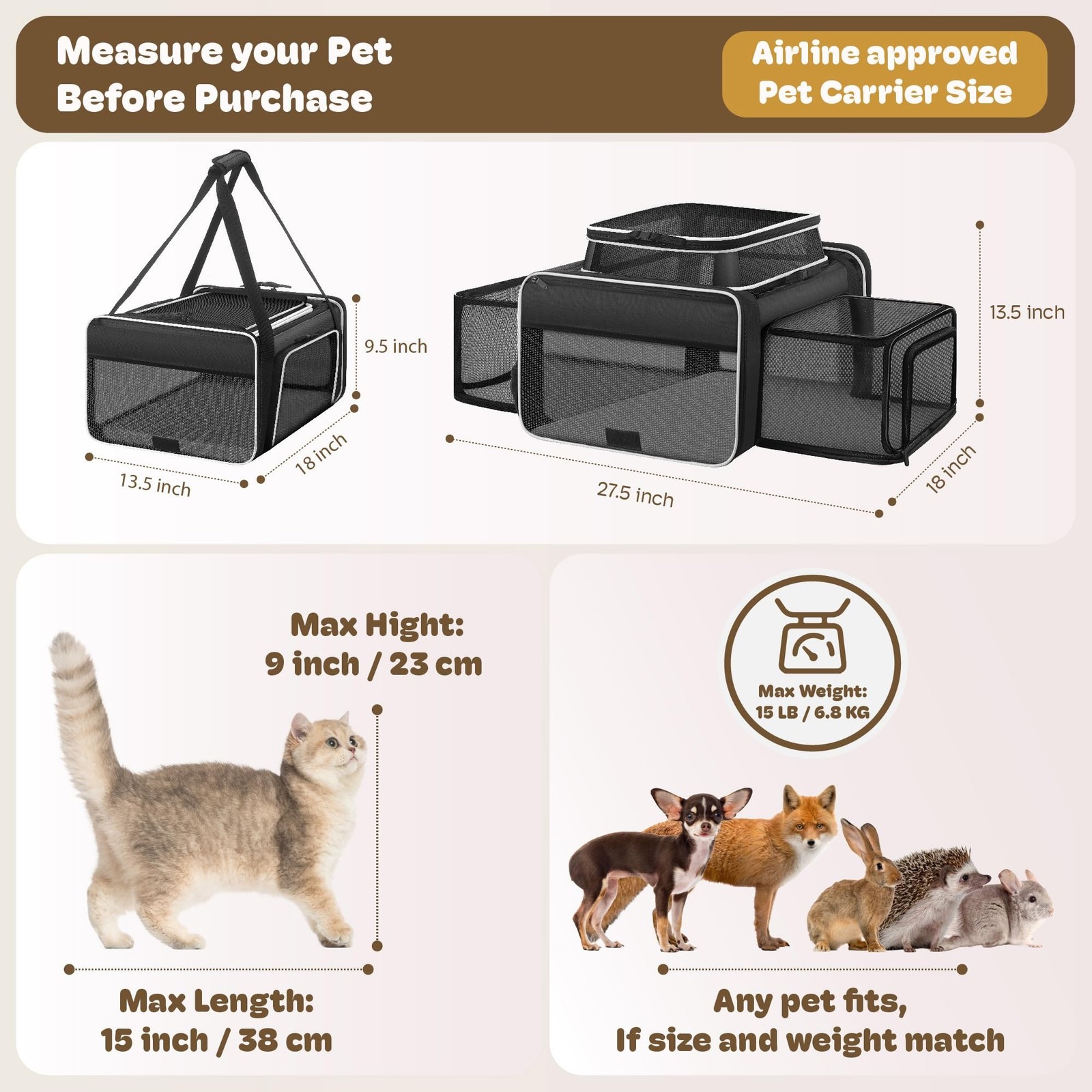 Top and 2 Sides Expandable Cat Carrier 18×13.5×9.5, TSA Airline Approved Dog …