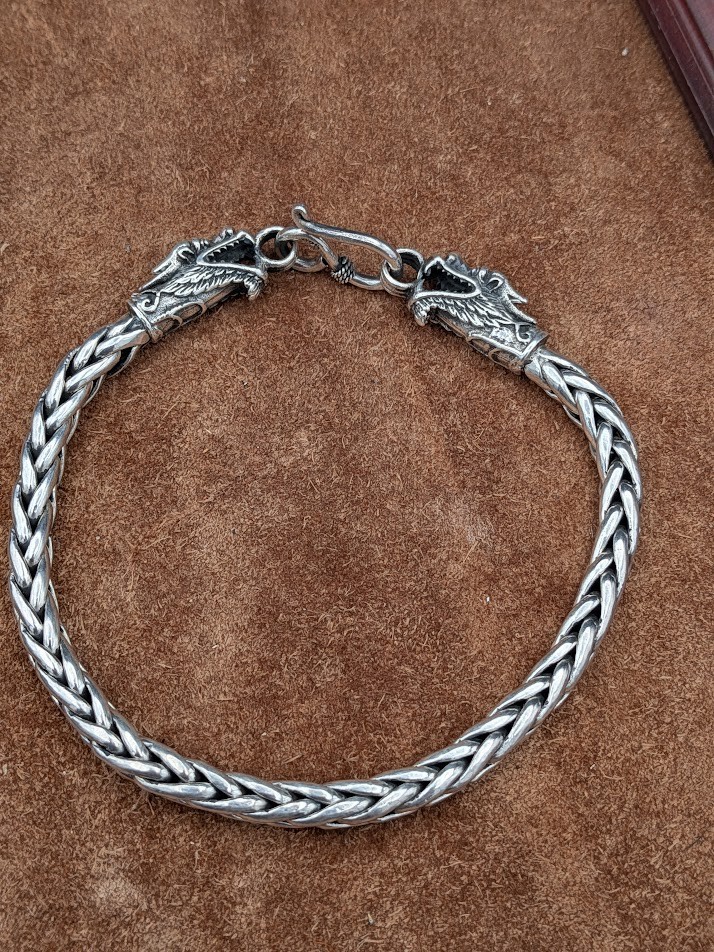 Sterling Silver Braided Chain Dragon’s Head End Tabs 8″ Bracelet ~ 28.5g