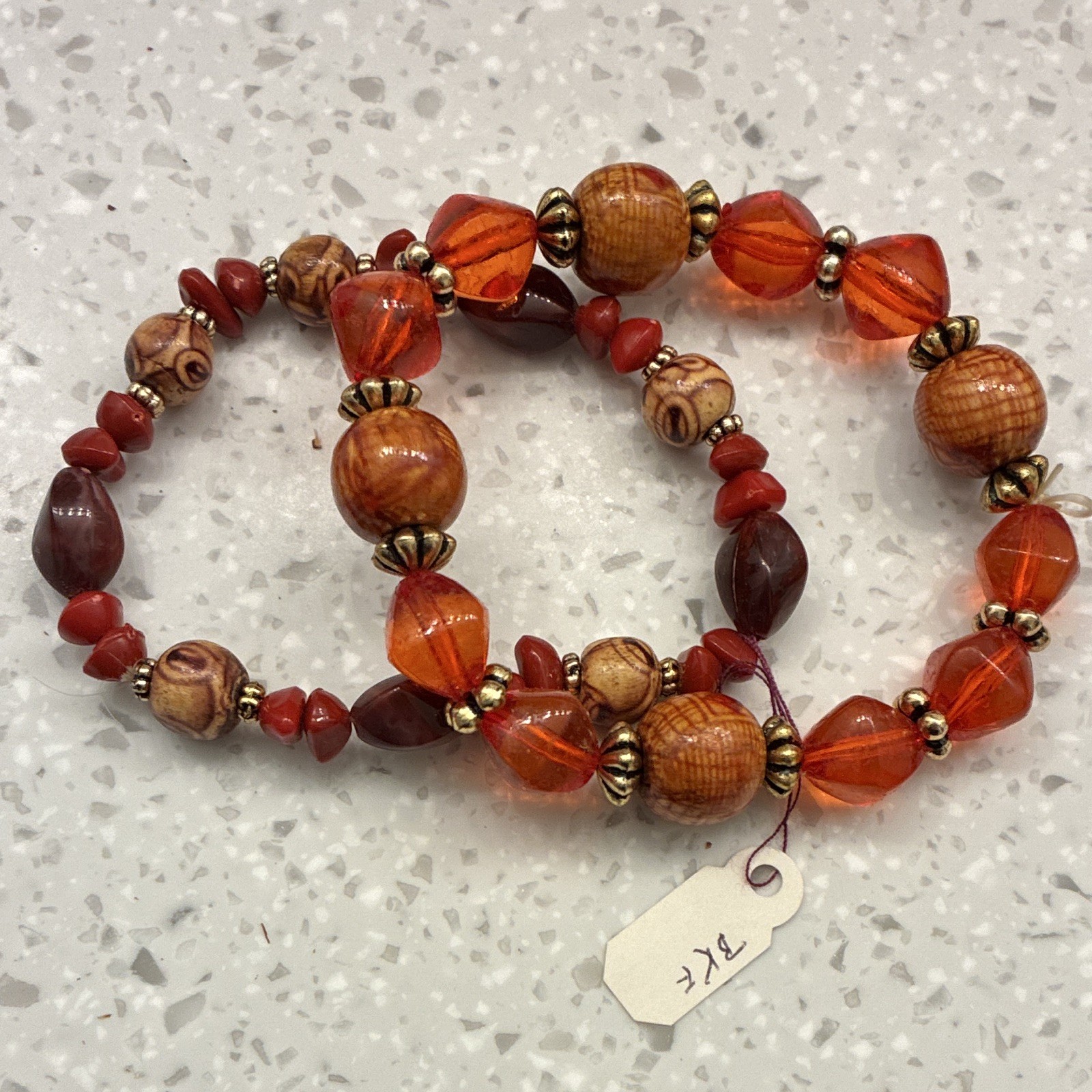 Set of 2 Beaded Stretch Bracelets Stackable Wood Glass Orange Red Brown