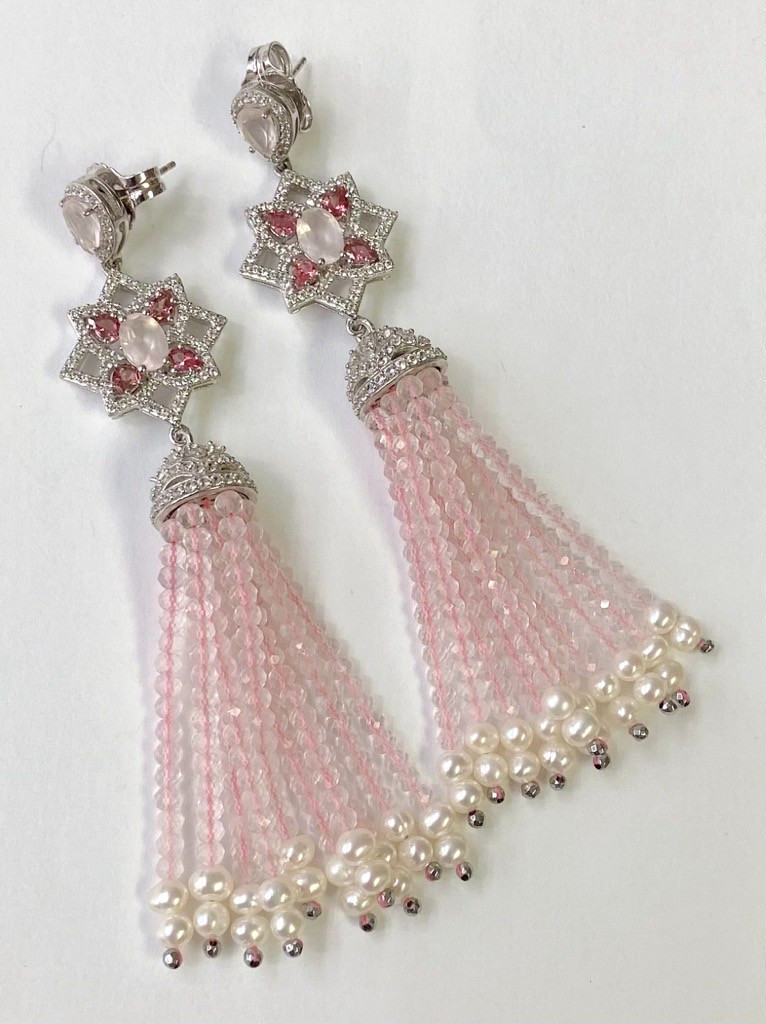 QVC Sterling Silver 7.25ct Rose Quartz Tassel Drop Earrings