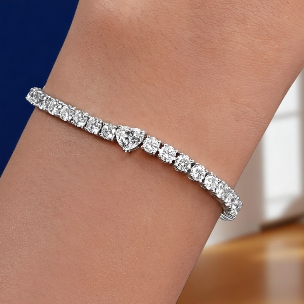 14K White Gold Heart Cut Diamond Bracelet 7 Carat GLI Lab Grown Womens