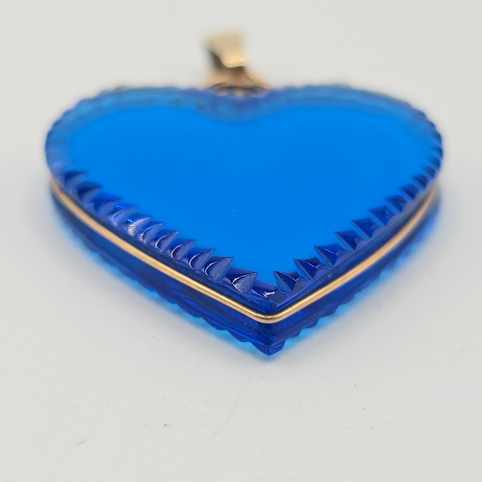 VTG Pressed Glass Heart Pendant 2 Pc Lot, Blue & Clear, Gold Tone Wire Wrapped