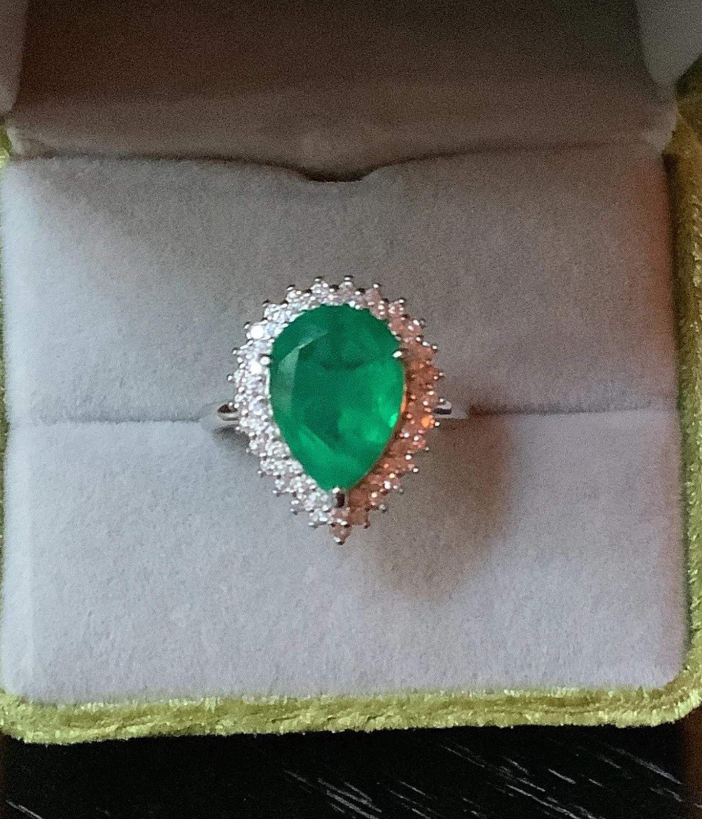 4.70 Ct Pear Cut Natural Emerald & Diamond Ring 14K Solid White Gold Size 7