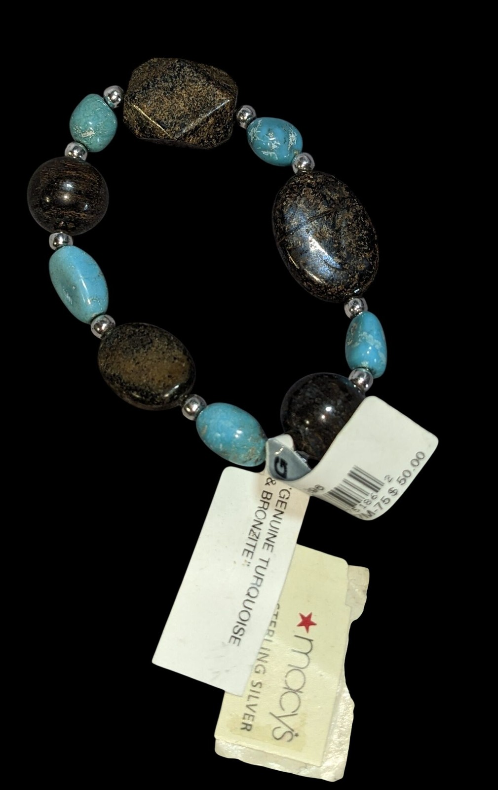 Boho Southwestern Genuine Turquoise Bronzite Sterling Silver Stretch Bracelet