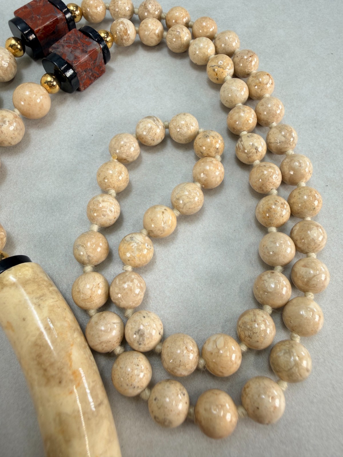 Vintage Ceramic -Jasper Beaded Statement Necklace Black Beige Brown Long Strand