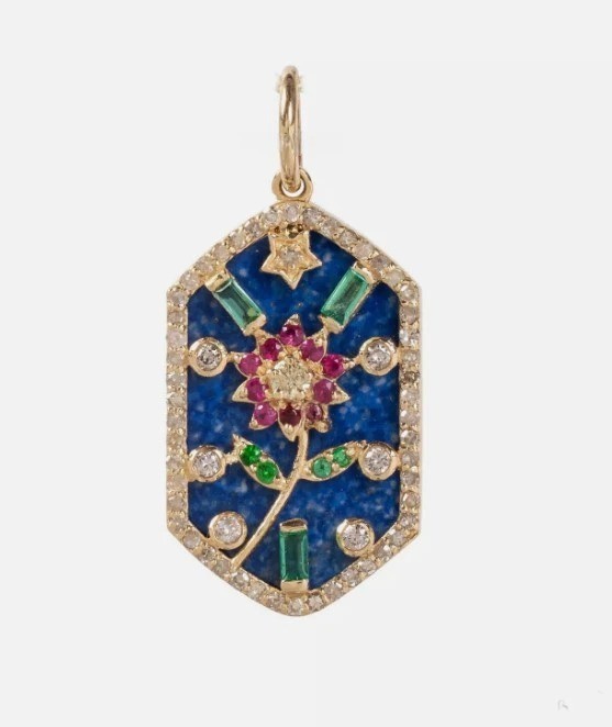 Floral Ruby Emerald Diamond Lapis Lazuli Sterling Silver Pendant