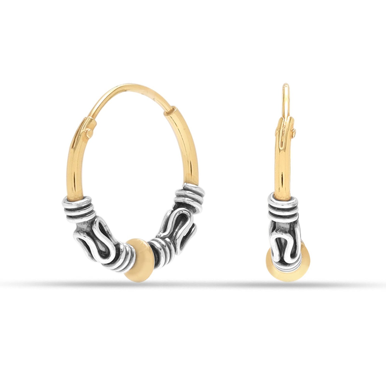 Real 925 Sterling Silver Two Tone Beaded Bali Endless Hoop Earrings for Women