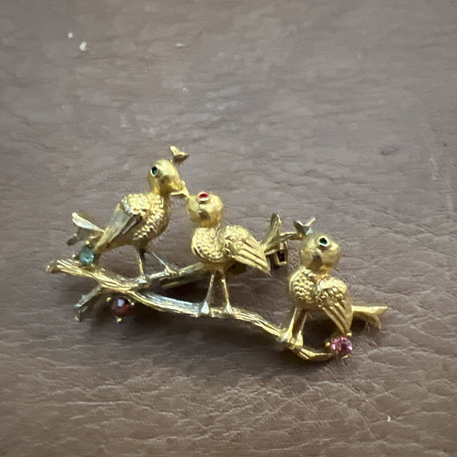 Vintage Gerry’s 3 Birds on Branch Rhinestone Brooch Pin Gold Tone