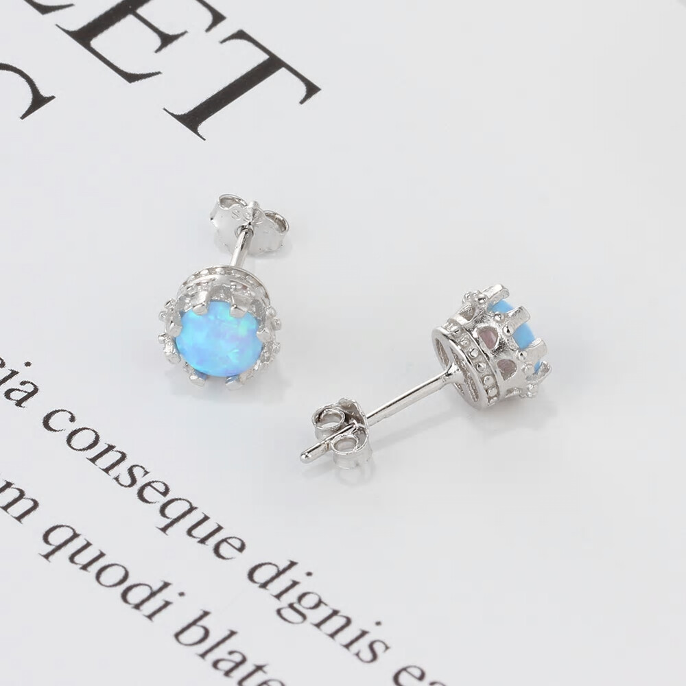 NEW Simple and Elegant 925 Silver Stud Earrings, White, Blue, Pink Fire Opal