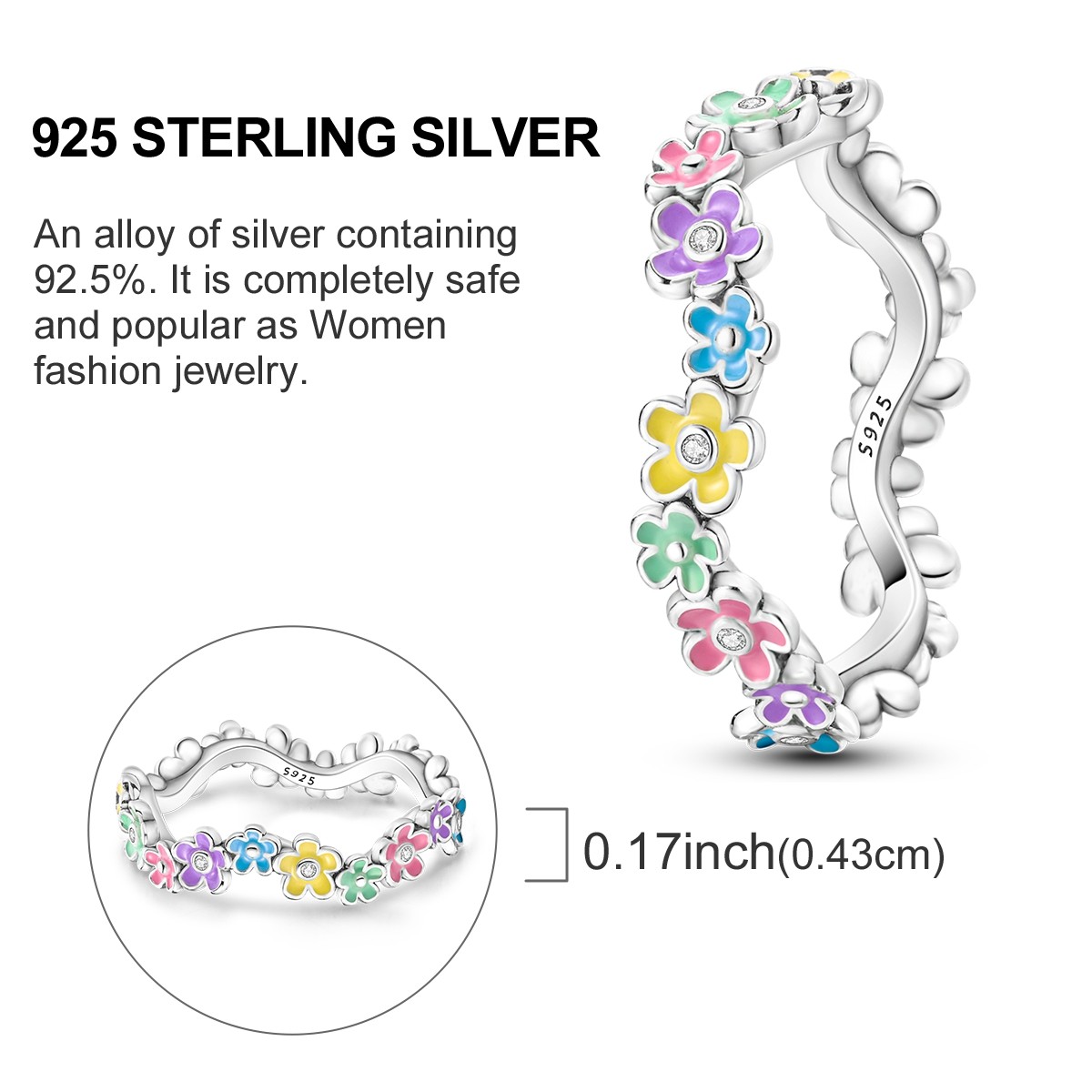 LAZA 925 Sterling Silver Ring Colorful Enamel Flower AAA CZ for Women Jewelry