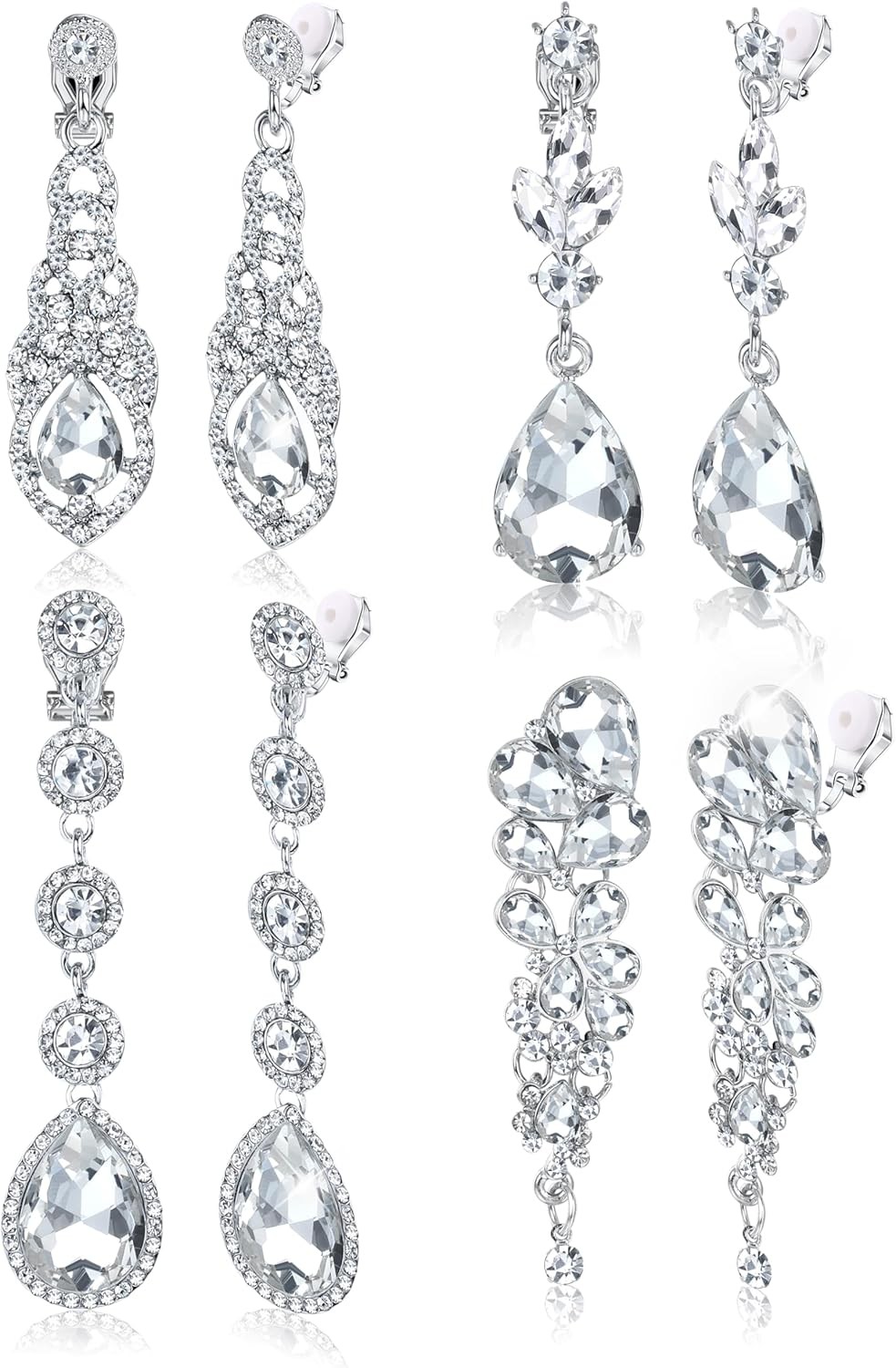 Elegant Silver Clip On Earring Set (4 Pairs) – Sparkling Rhinestone Dangle Drop