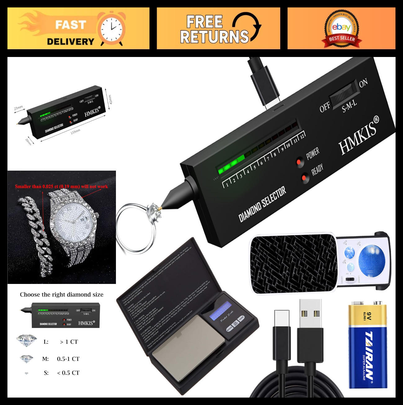 Diamond Tester & Jewelry Scale 200g/0.01g + 30X/60X/90X Loupe – USB & Battery Po