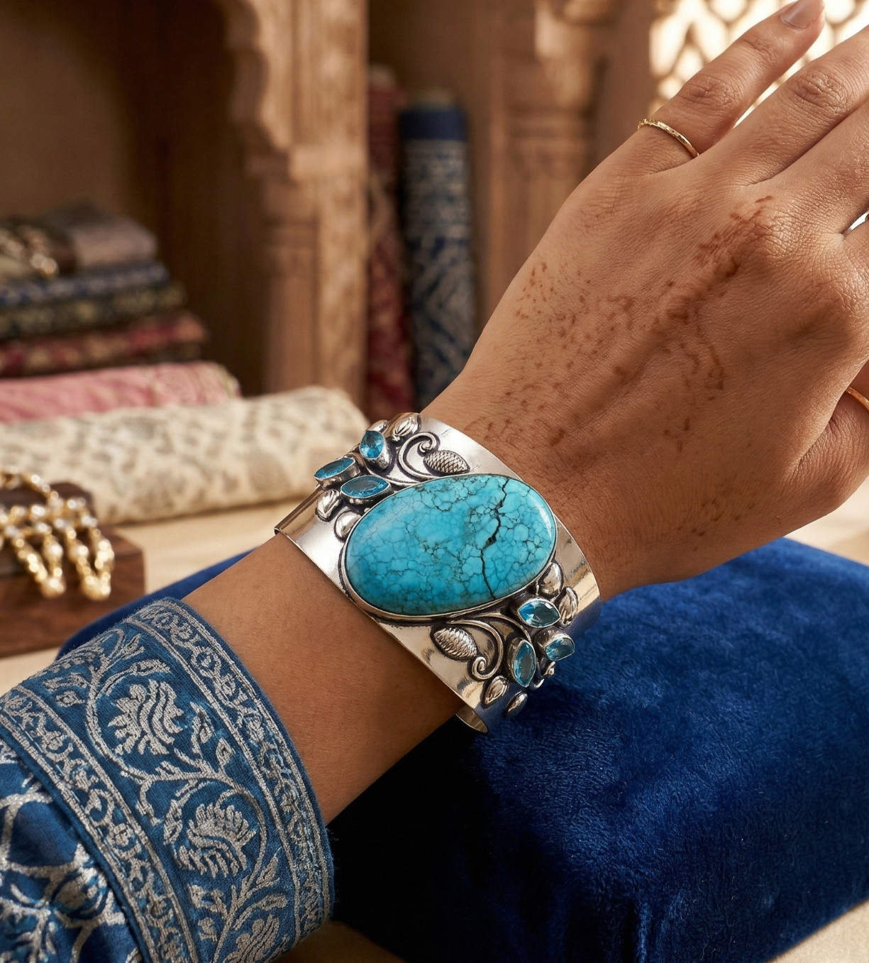 Natural Turquoise, Blue Topaz Cuff Bracelet 925 Sterling Silver Jewelry ADJ