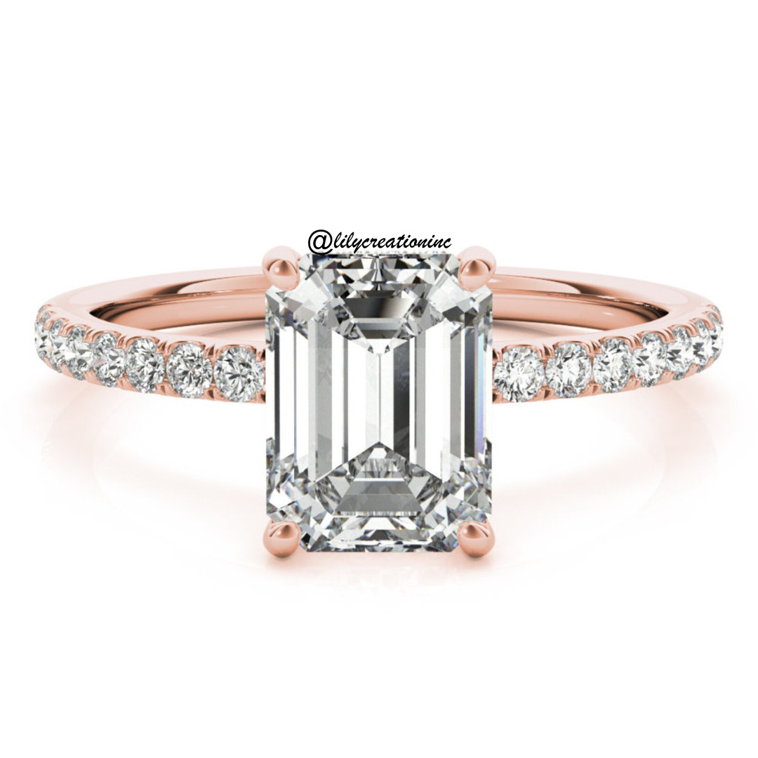 3Ct Emerald IGI Certified Lab Grown Diamond Engagement Ring Pavé Prong Platinum