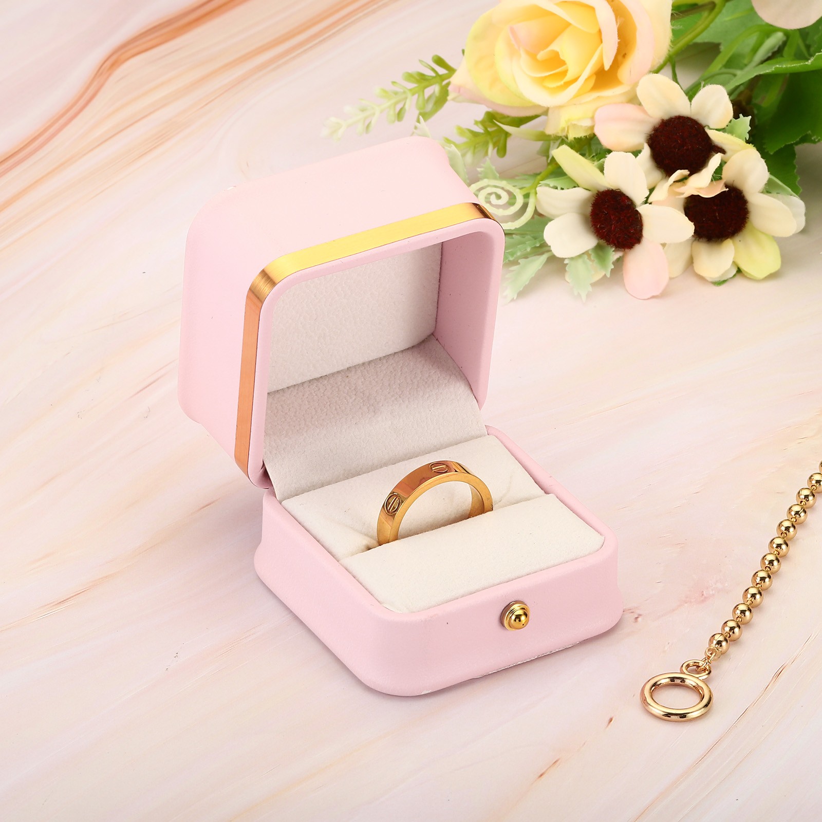 Velvet Ring Box, Single Slot Wedding Ring Box Jewelry Holder Style 2 Dark Pink
