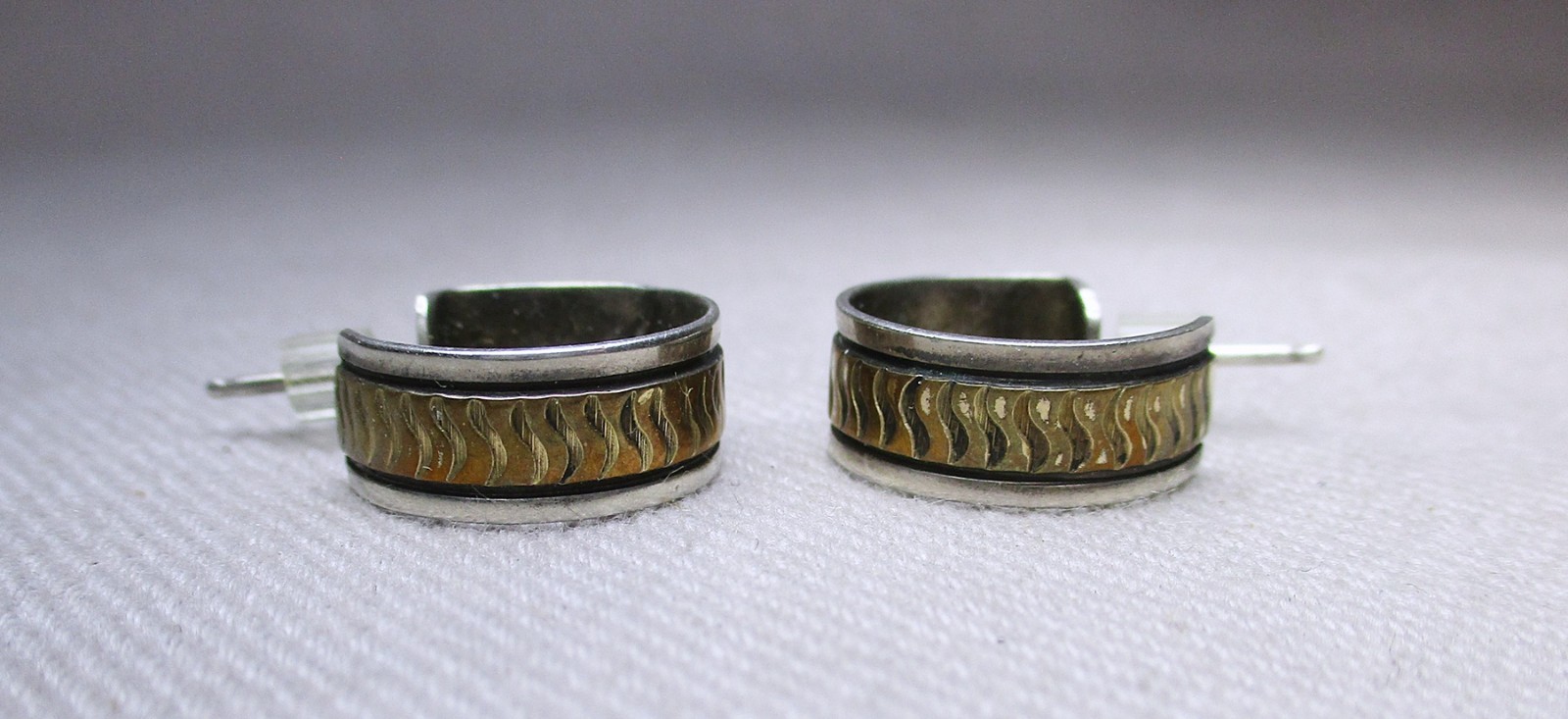 Vintage Brutalist Tooled Sterling & 12K Gold Plate Huggie Loop Earrings