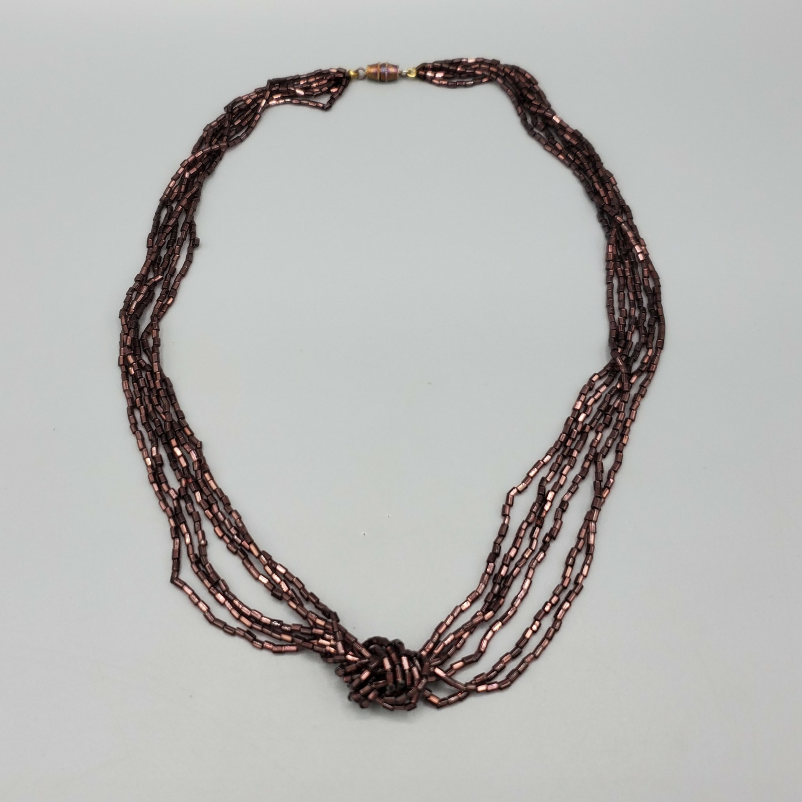 Purple Brown Plum Glass Tube Bead 6 Strand Knot Torsade Necklace 17″