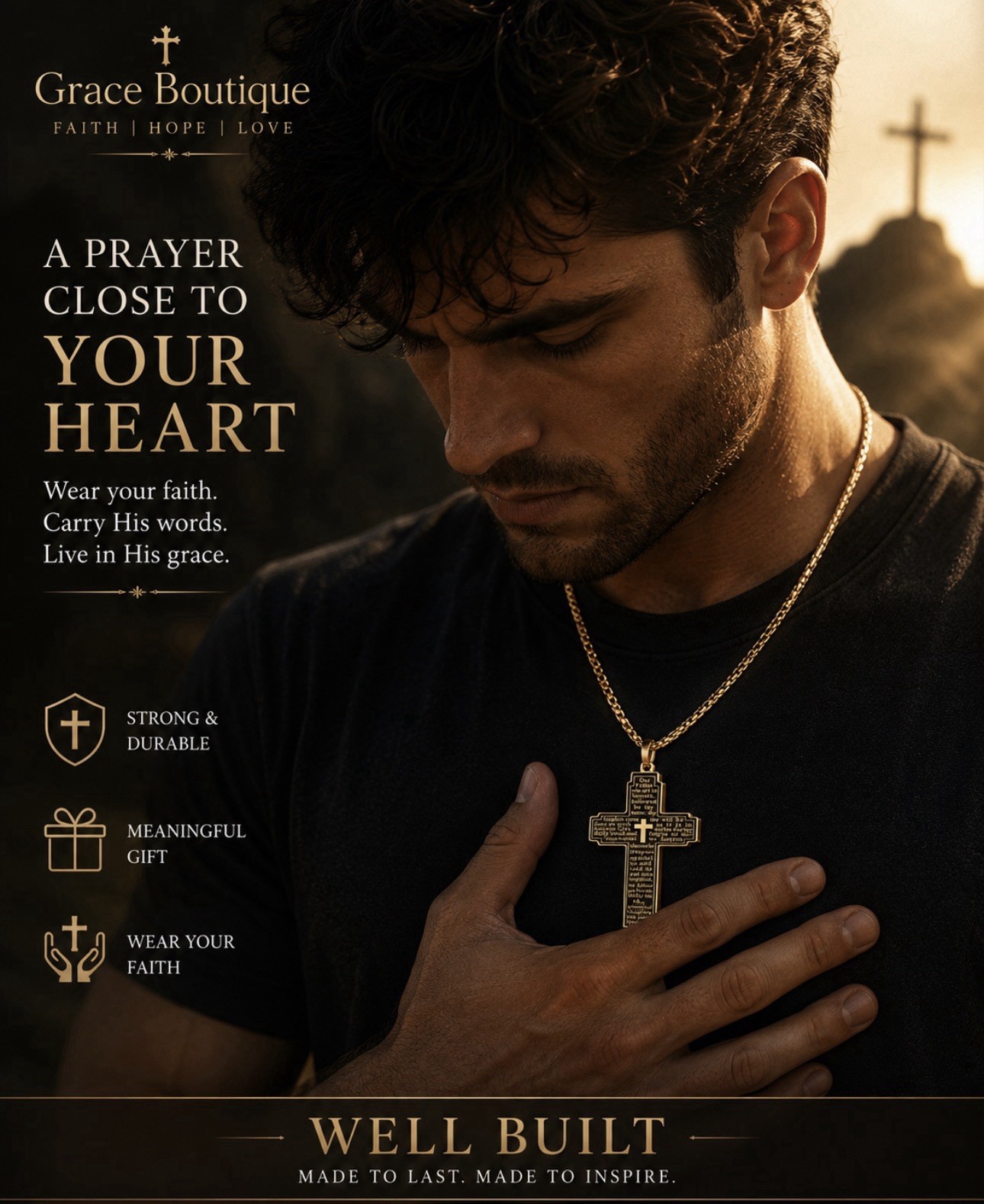 Grace Boutique Prayer Cross Pendant Necklace Gold/Black Metal Box Chain 23.62in