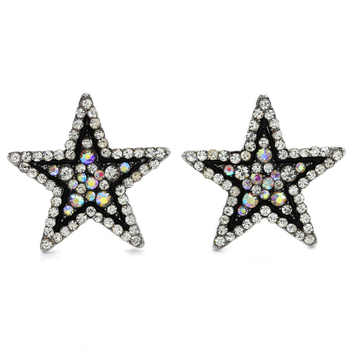 White Clear Star Stud Post Earrings Black Outline Silver Tone Crystal Jewelry