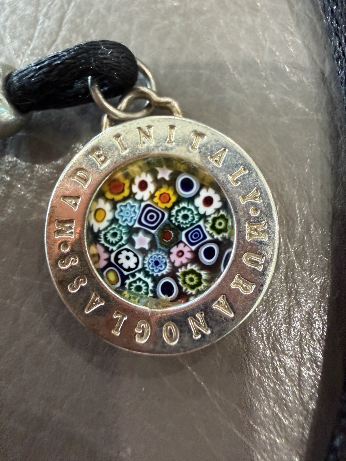 Silver Millefiori Flower Glass Pendant Green Red Yellow