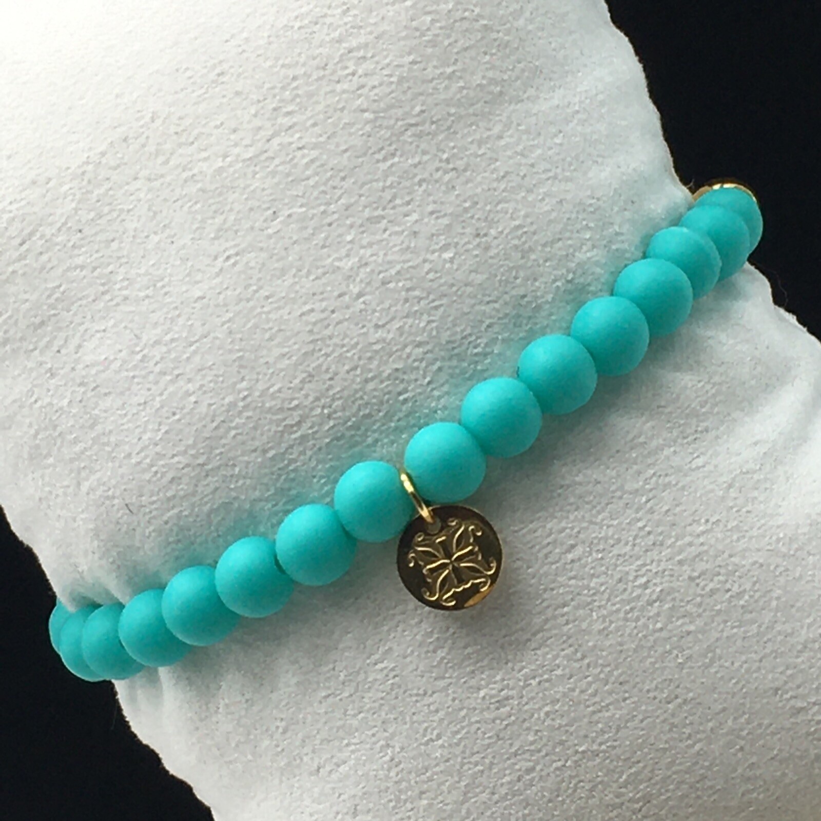 Rustic Cuff Mini Melanie Gold Tone Bracelet Teal Silicone Beaded Charm Logo