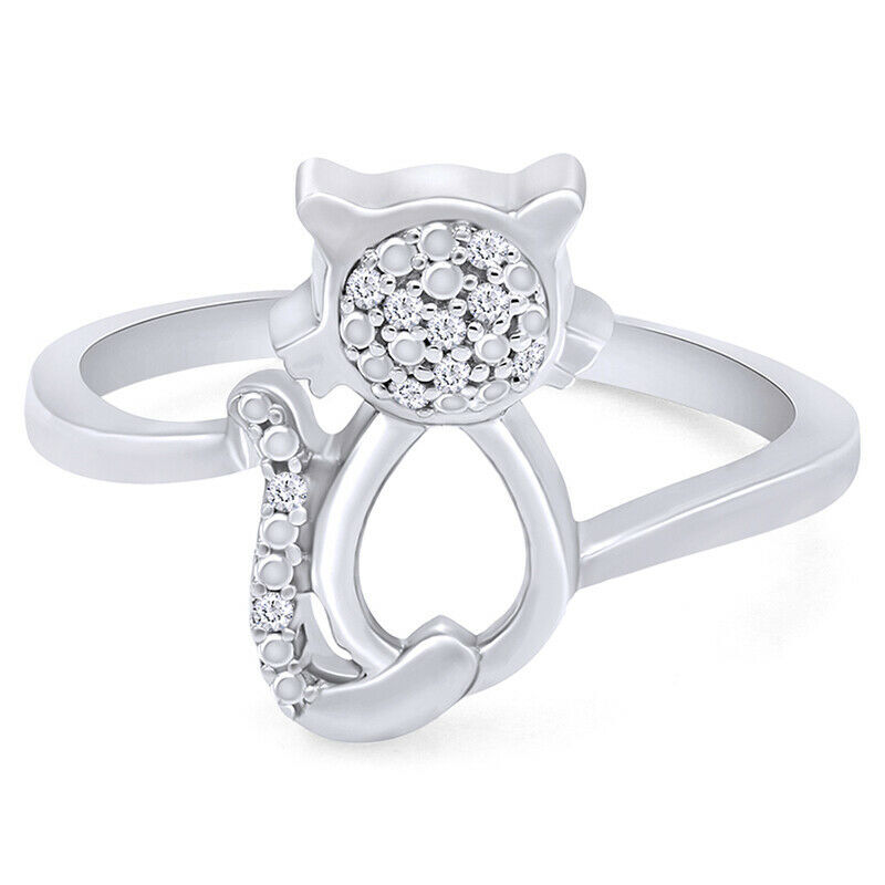 0.05 Ct Natural Diamond Accent Cat Fashion Ring 14k Gold Plated Silver