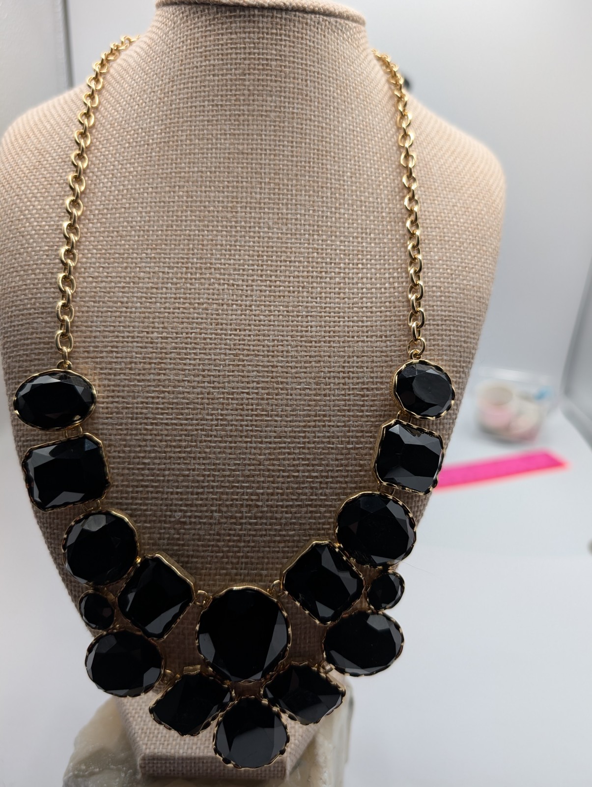 Gold Tone Statement Necklace Black Faceted Resin Gemstone Bib Collar Chain