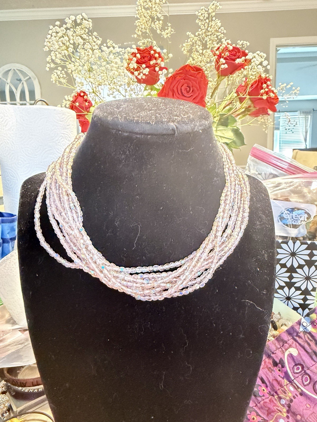Multi-Strand White & Clear Round Glass Bead Necklace Lobster Clasp Adjustable