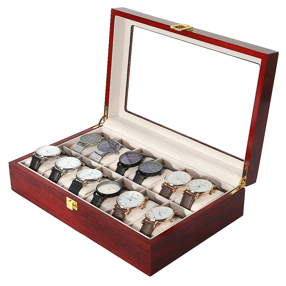 3/6/10/12 Slot Wooden Watch Box Glass Lid Jewelry Organizer Display Case Gift