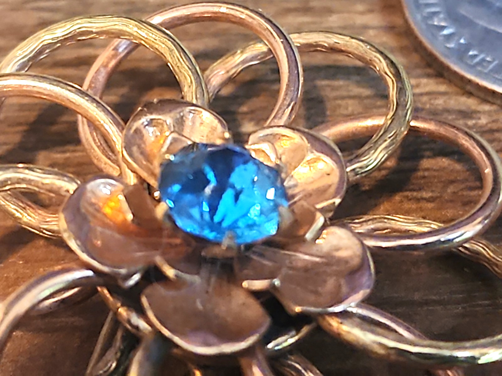 Vintage 1/20 10k Gold Filled Flower Brooch with Brilliant Blue Crystal Signed