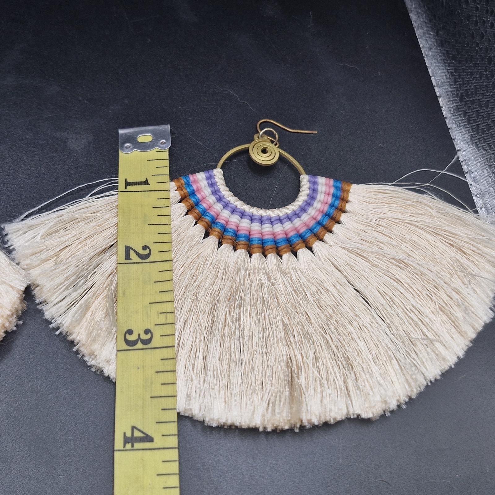 SW Style Large Runway Tassel Macrame Earrings Brass Blue, Orange, Tan 3.5 X 4.5″