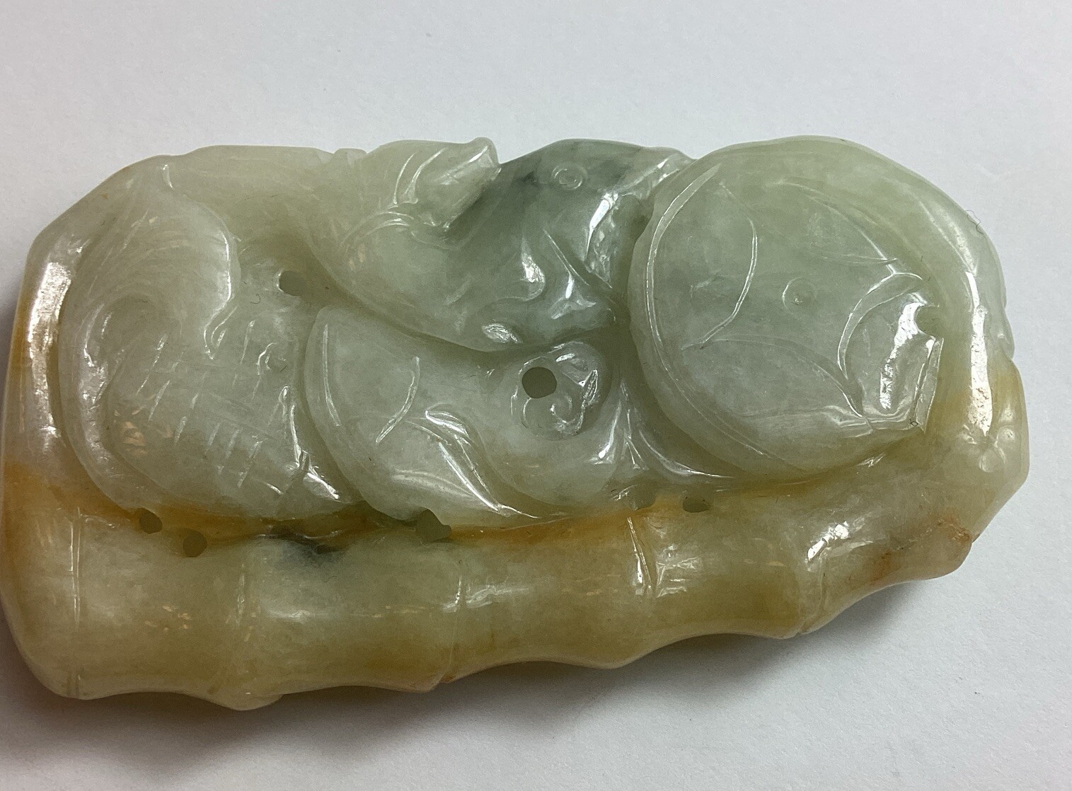 Light Tan Jadeite 2 Fish, Lucky Coin, Bamboo Translucent Pendant
