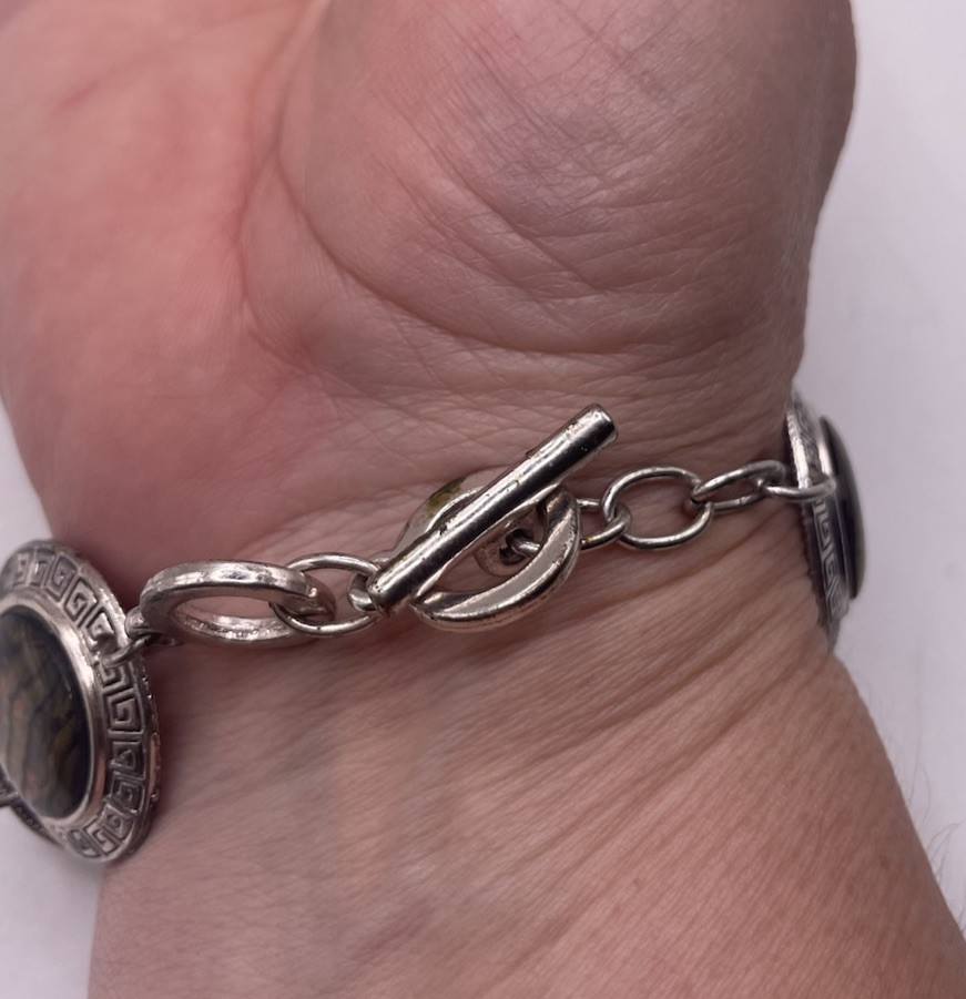 Vintage Silver Tone Abalone Shell Greek Key Link Bracelet Boho Hippie Jewelry 8”