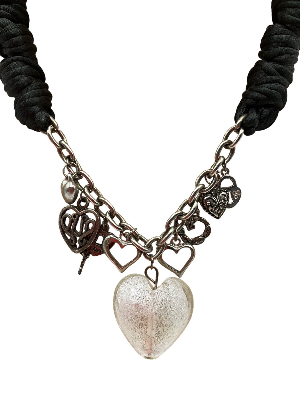 Y2K Artisan Handcrafted Chunky Heart Charms Glass Necklace Goth Whimsical
