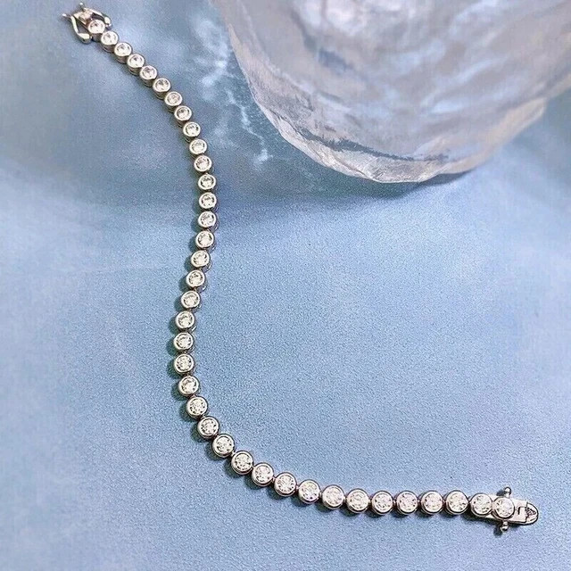 Bezel Set 7Ctw Round Cut moissanite Tennis Bracelet Solid 14k White Gold plated