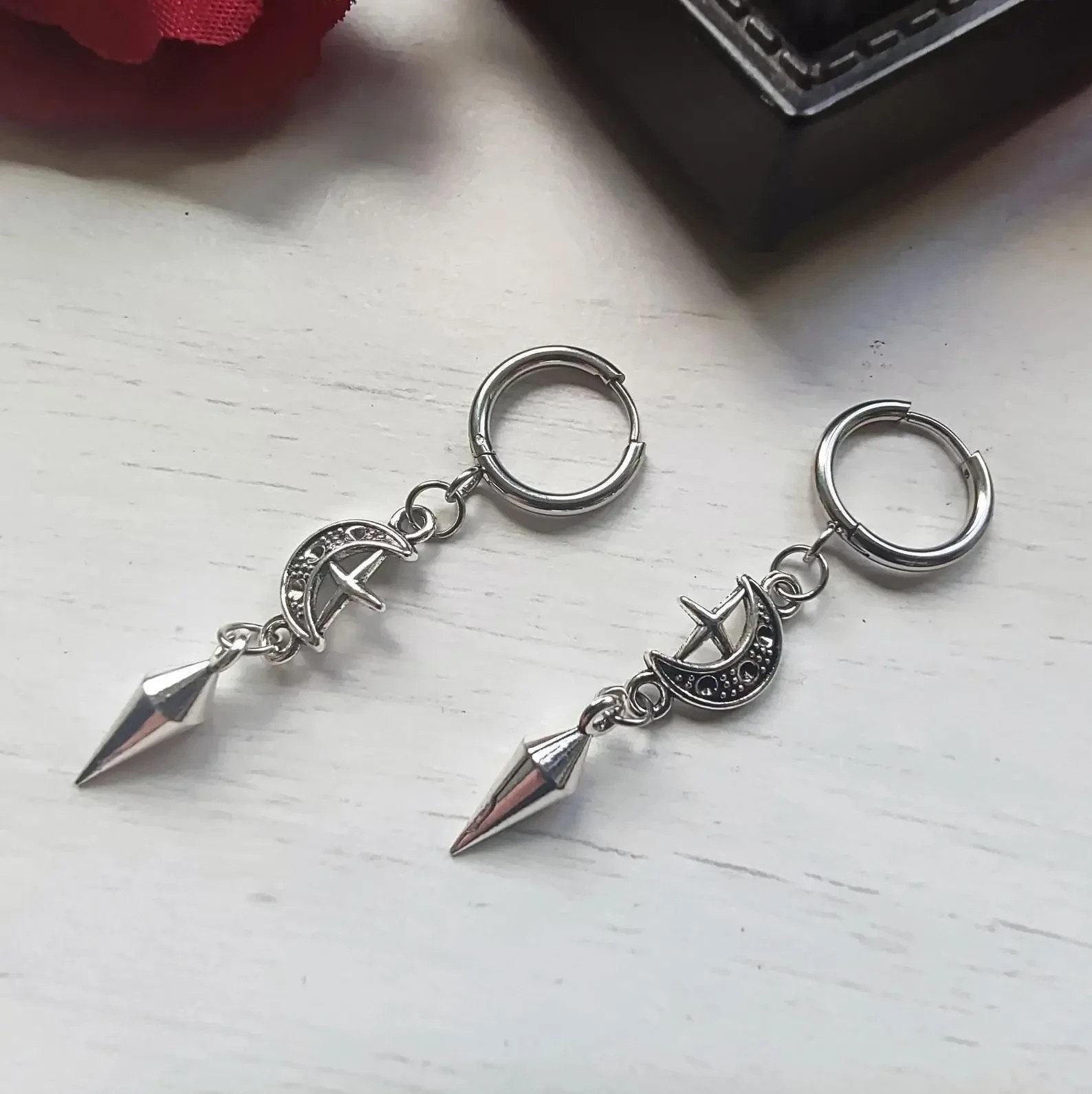 Gothic Crescent Moon Spike Earrings Grunge Punk Witchy Celestial Hoop Jewelry