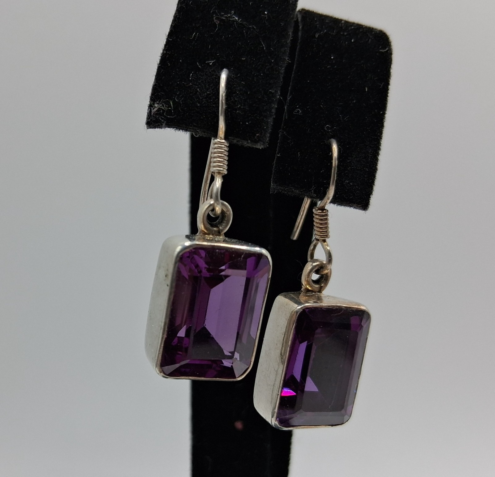 Vintage Pair Sterling Silver Lab Amethyst Drop Earrings 14mm x 9.7mm Stones