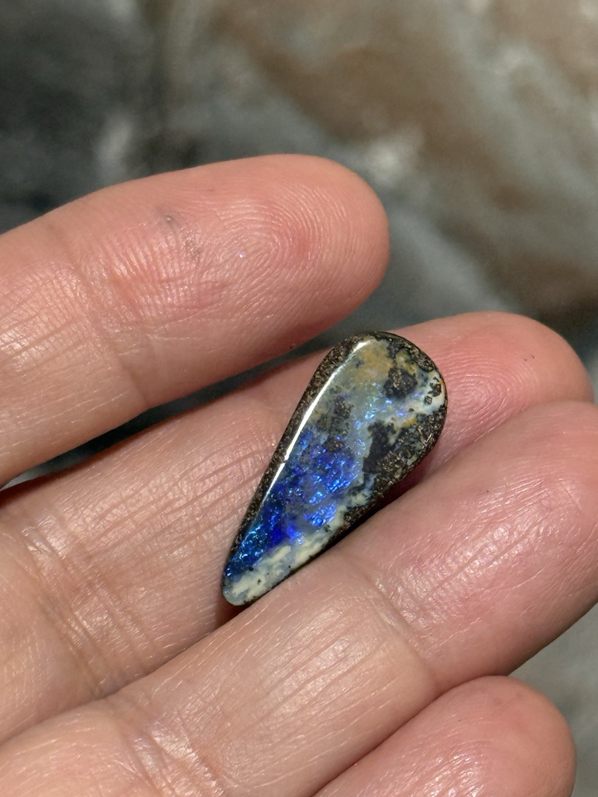 9.35ct 24x10x5mm Flashy Dark Blue Natural Boulder Australian Opal Drop Cabochon