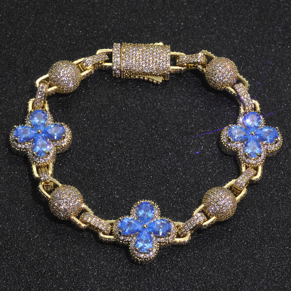 10mm Women’s Four-leaf Clover Iced CZ Out Tennis Chain Bracelet Men Gold Plated