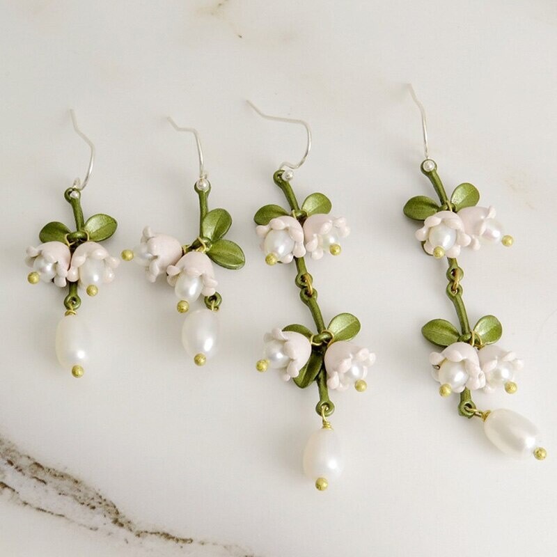 Luxury Orange Lily Of The Valley Earrings Vintage Pearl Plant Flower Party Gift