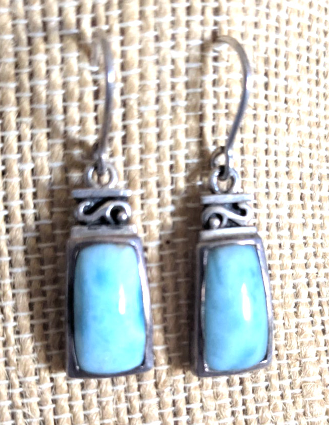 Marahlago larimar sterling silver earrings 1 3/8″ L Caribbean ocean beach